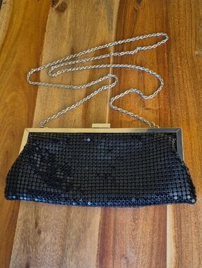 Vintage La Regale Black Sequin Evening Clutch Purse with Silver Chain